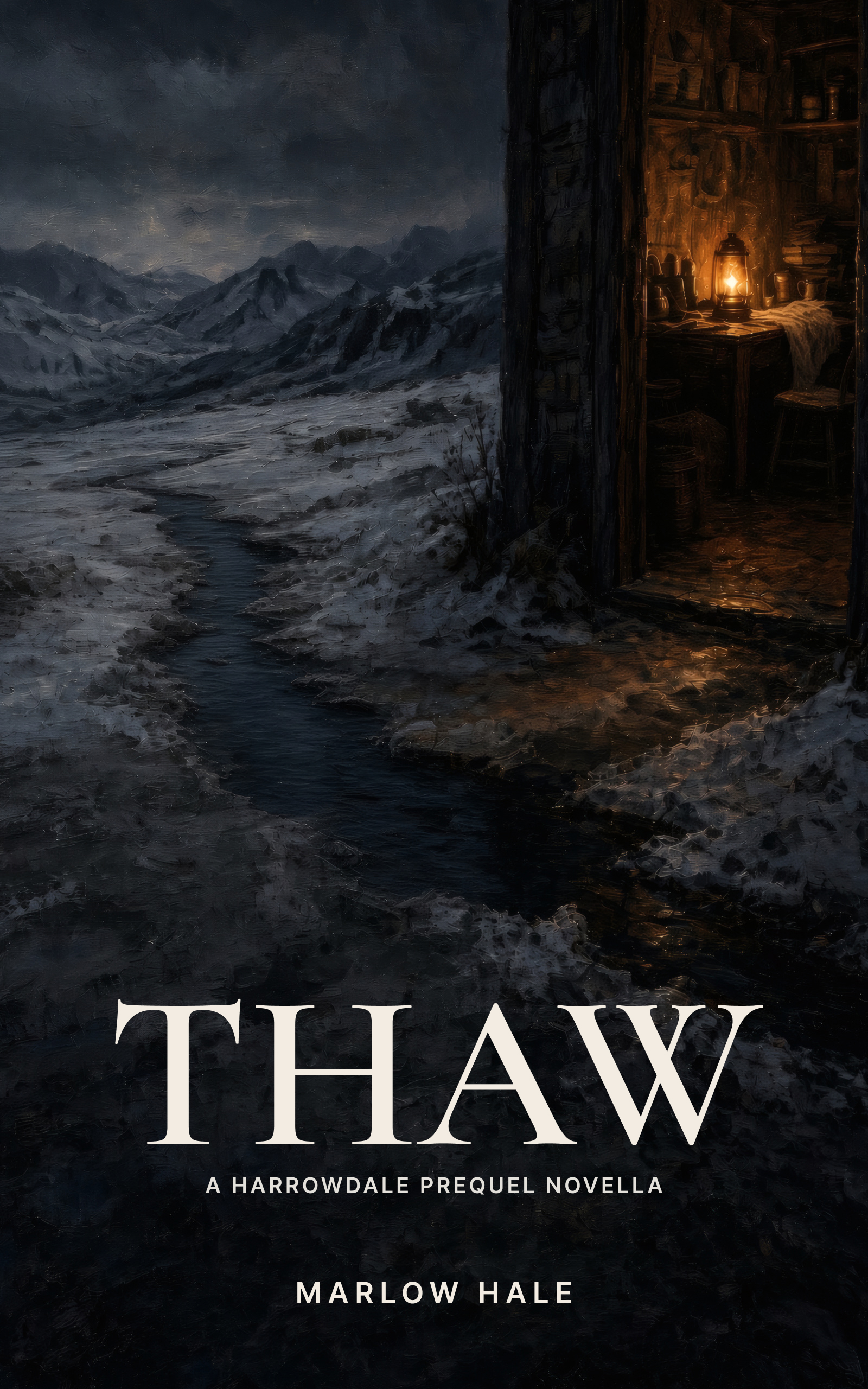 THAW by Marlow Hale. An amber-lit workroom opens onto a snowbound mountain valley, with dark meltwater crossing the foreground.